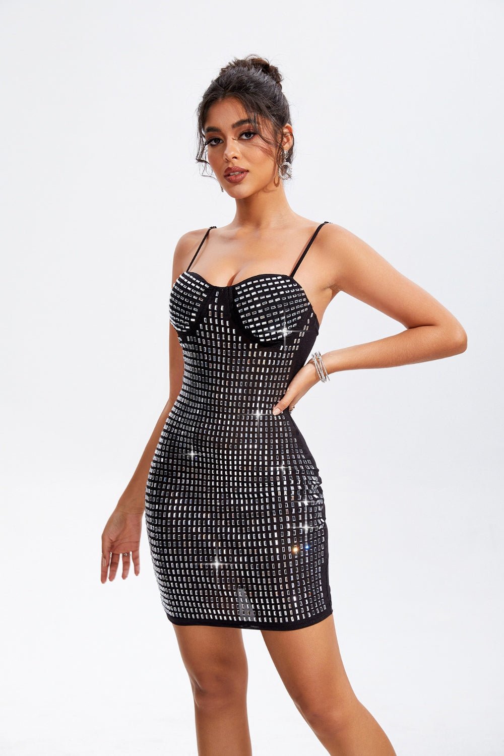 Rhinestone Sweetheart Neck Mini Cami Dress - NUTRAL ATTIRE