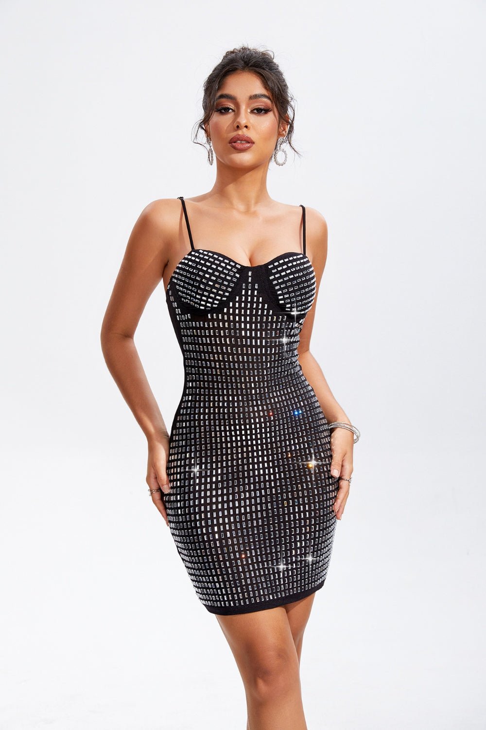 Rhinestone Sweetheart Neck Mini Cami Dress - NUTRAL ATTIRE