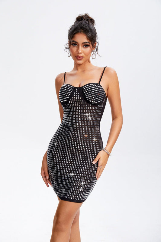 Rhinestone Sweetheart Neck Mini Cami Dress - NUTRAL ATTIRE