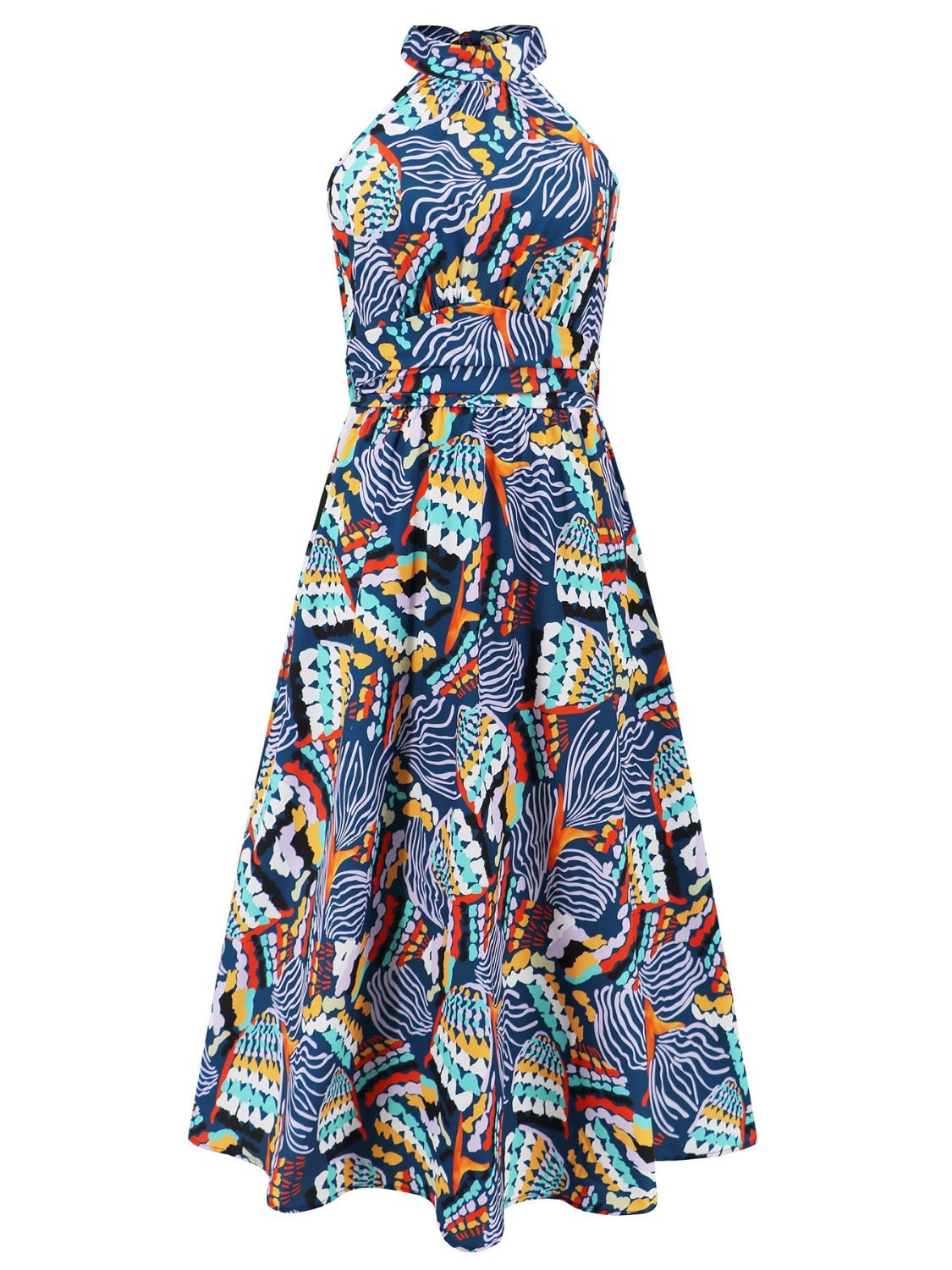 Ruched Printed Halter Neck Sleeveless Dress - NUTRAL ATTIRE