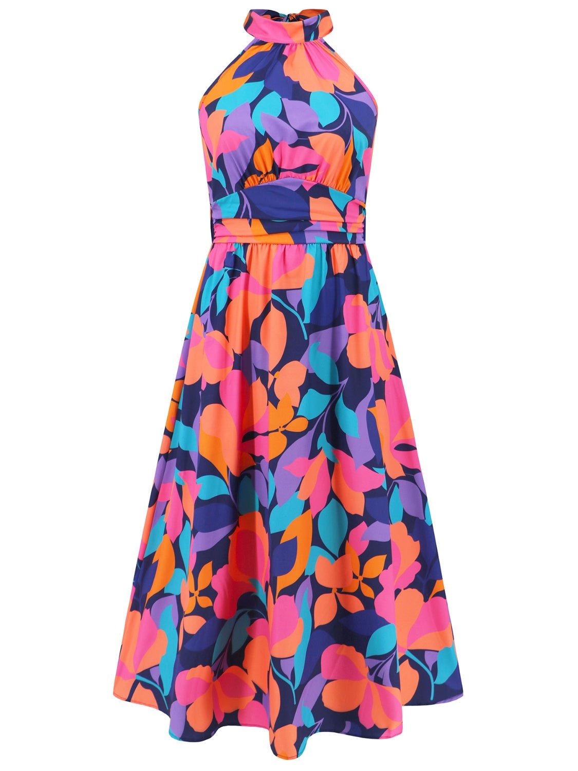 Ruched Printed Halter Neck Sleeveless Dress - NUTRAL ATTIRE