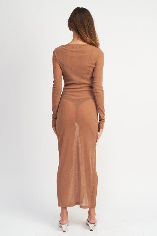 SEE ME GLITTER MESH MAXI DRESS TAN - NUTRAL ATTIRE