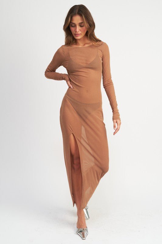 SEE ME GLITTER MESH MAXI DRESS TAN - NUTRAL ATTIRE