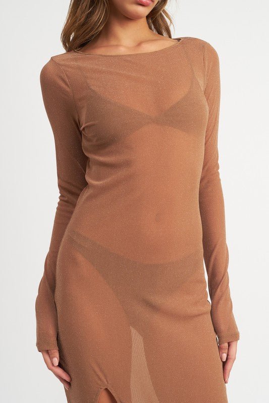 SEE ME GLITTER MESH MAXI DRESS TAN - NUTRAL ATTIRE