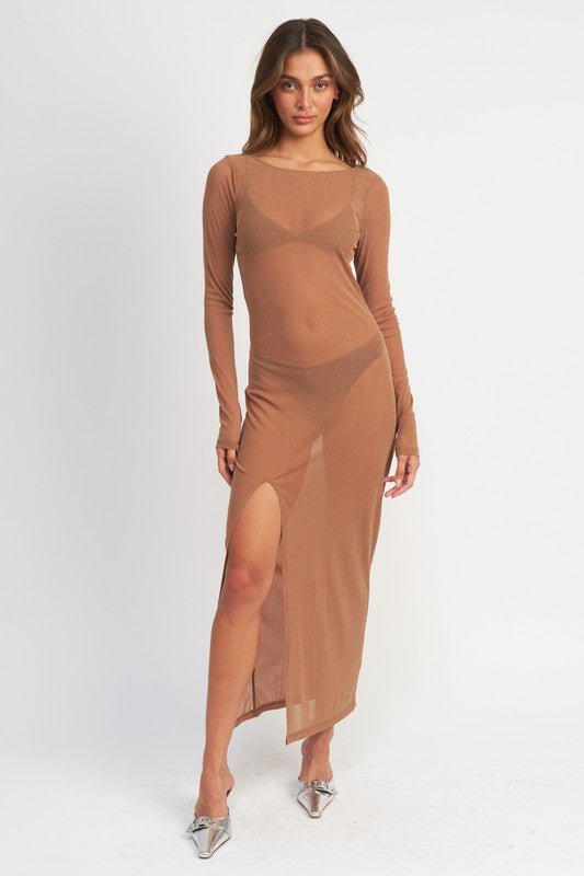 SEE ME GLITTER MESH MAXI DRESS TAN - NUTRAL ATTIRE