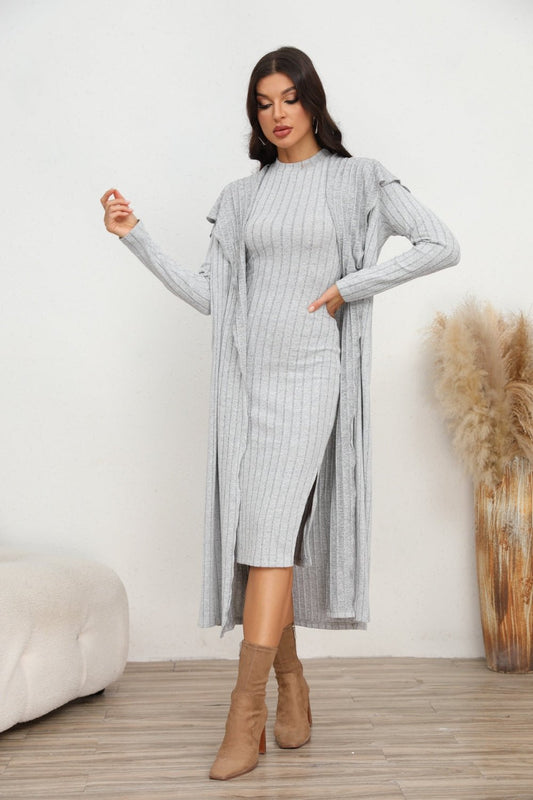 Slit Dress and Longline Cardigan Set - NUTRAL ATTIRE