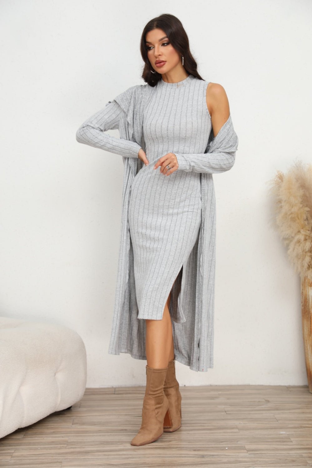 Slit Dress and Longline Cardigan Set - NUTRAL ATTIRE