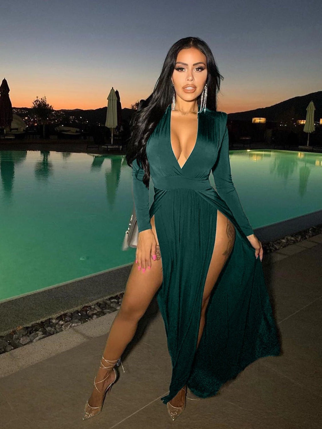 Slit Plunge Long Sleeve Dress - NUTRAL ATTIRE