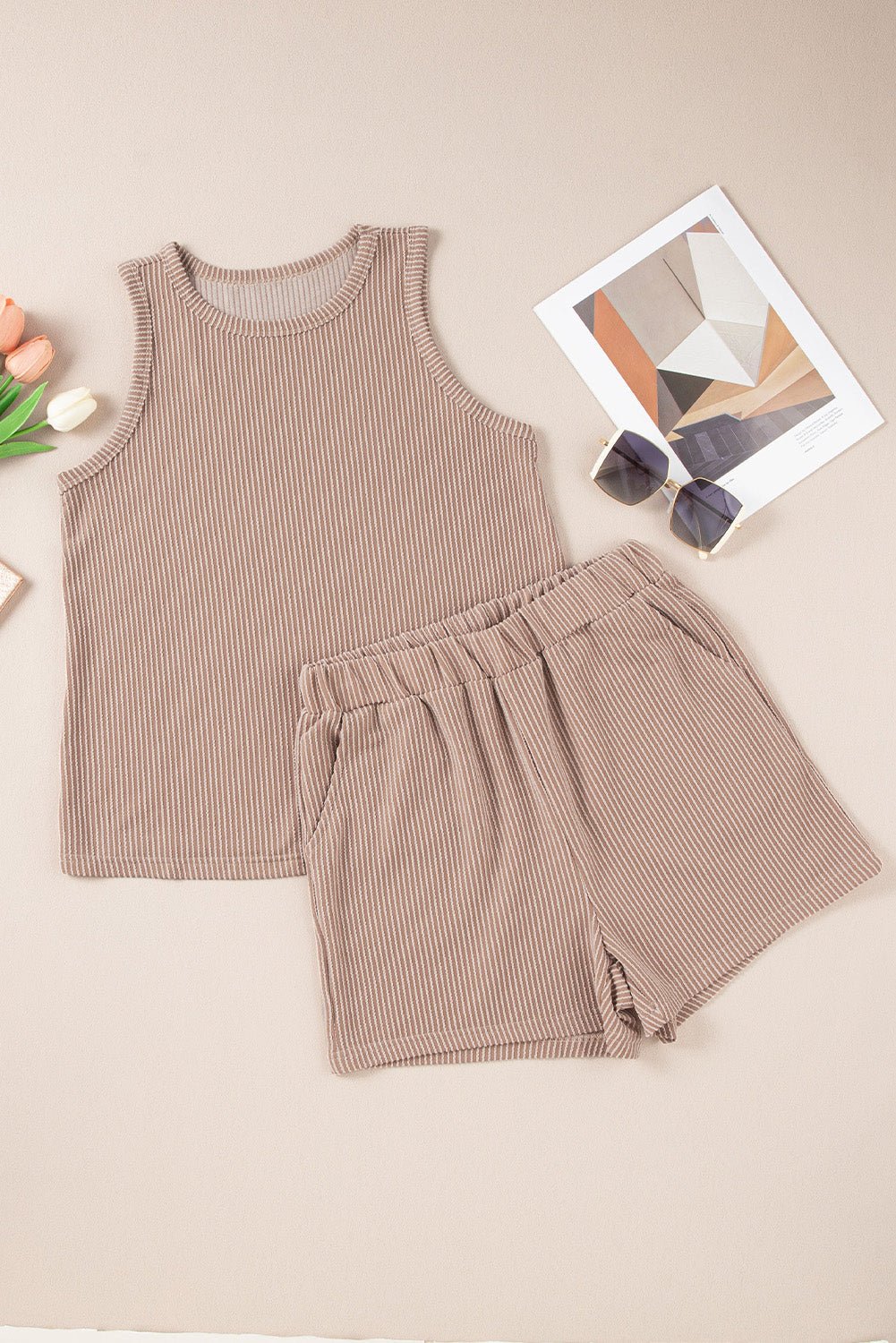 Smoke Gray Corded Sleeveless Top and Pocketed Shorts Set - NUTRAL ATTIRE