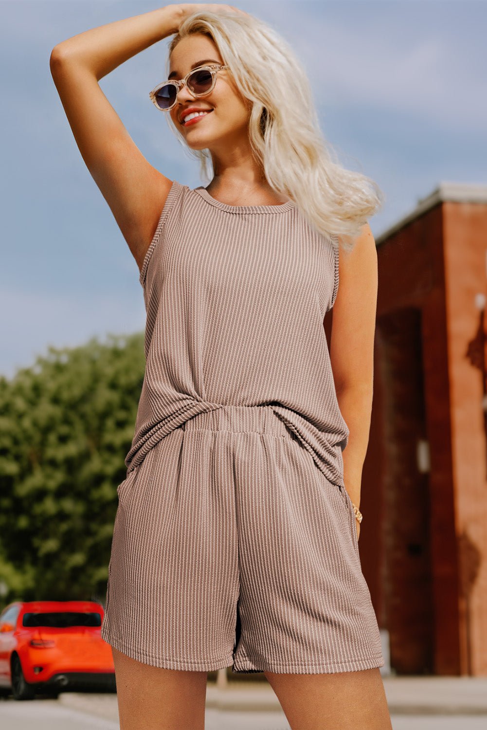 Smoke Gray Corded Sleeveless Top and Pocketed Shorts Set - NUTRAL ATTIRE