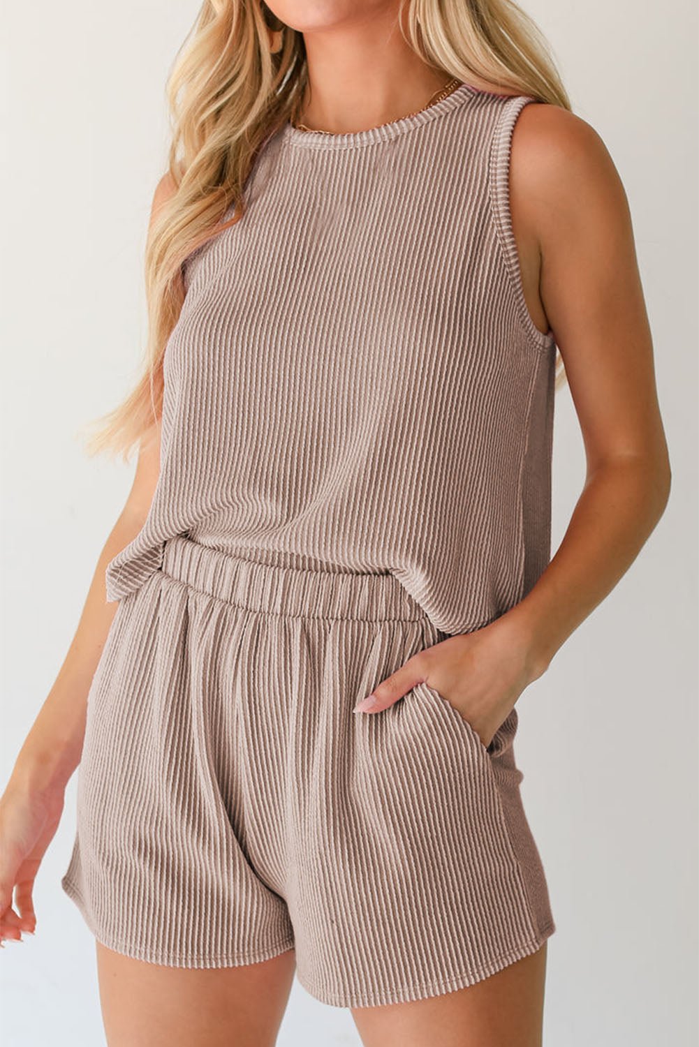 Smoke Gray Corded Sleeveless Top and Pocketed Shorts Set - NUTRAL ATTIRE