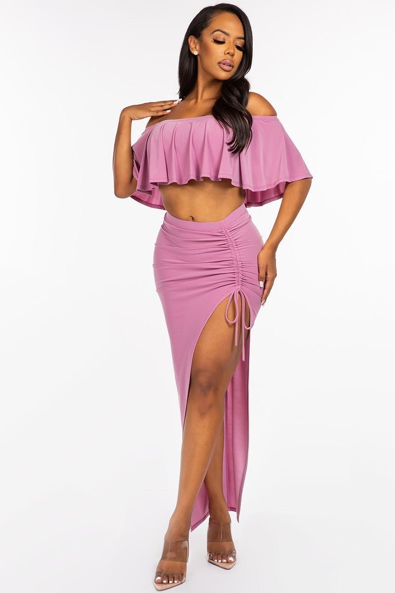 Solid Ity Off The Shoulder Ruffled Cropped Top And Ruched Maxi Skirt Two Piece Set - NUTRAL ATTIRE