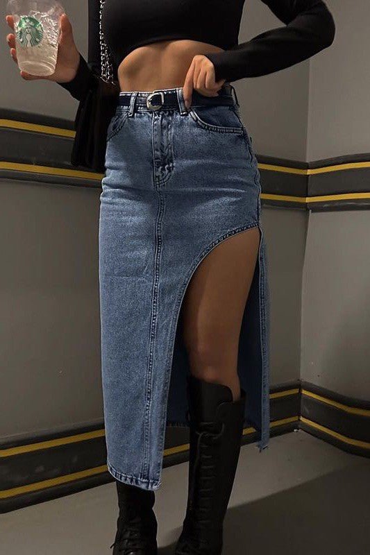 Spicy Thigh slit denim skirt black - NUTRAL ATTIRE