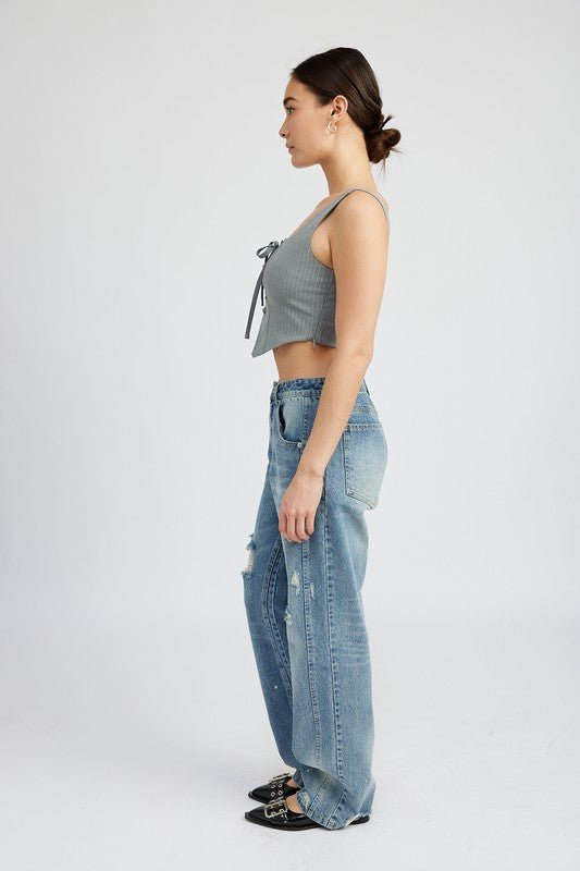 SQUARE NECK TOP WITH LACE UP FRONT - NUTRAL ATTIRE