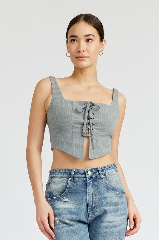 SQUARE NECK TOP WITH LACE UP FRONT - NUTRAL ATTIRE