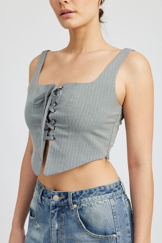 SQUARE NECK TOP WITH LACE UP FRONT - NUTRAL ATTIRE