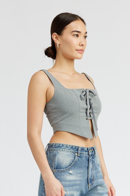 SQUARE NECK TOP WITH LACE UP FRONT - NUTRAL ATTIRE