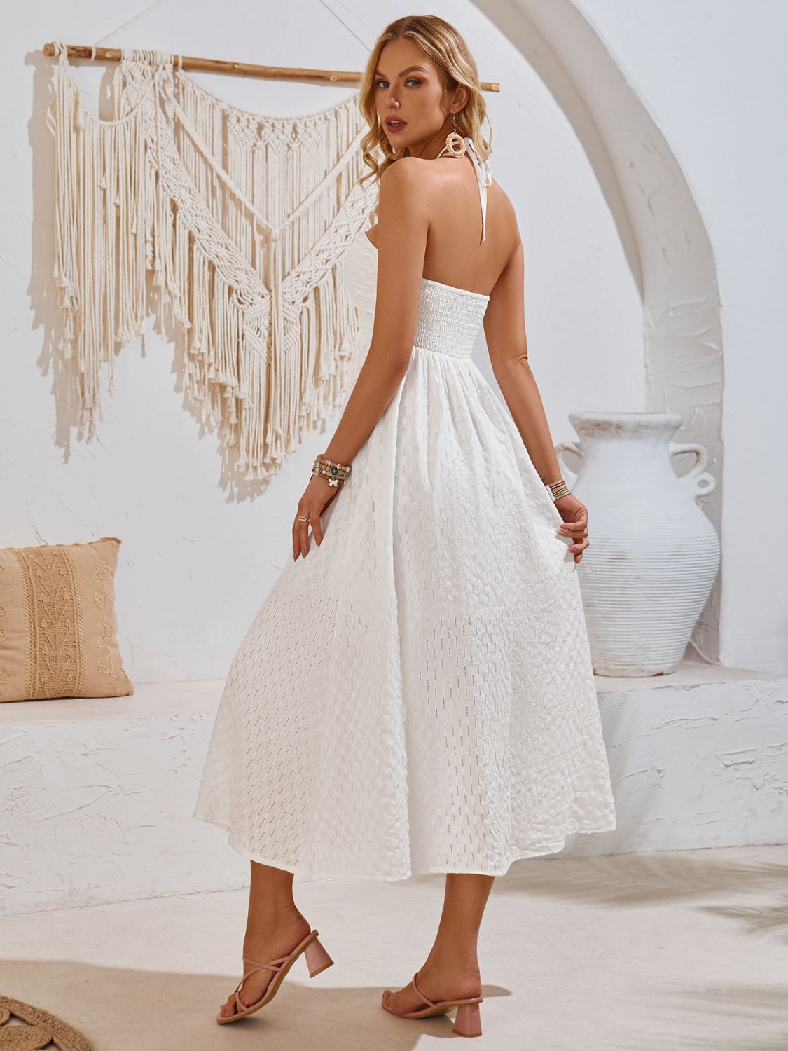 Swiss Dot Halter Neck Midi Dress - NUTRAL ATTIRE