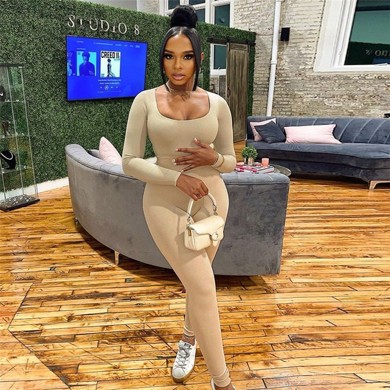 Two Piece Set Women Solid Concise Skinny Bodycon - shaping Crew Neck Bodysuit+High Waist Slim Sporty Leggings Activewear - NUTRAL ATTIRE