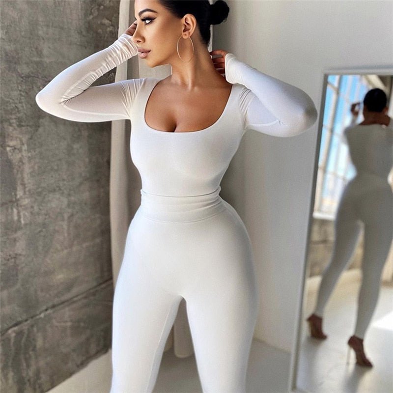 Two Piece Set Women Solid Concise Skinny Bodycon - shaping Crew Neck Bodysuit+High Waist Slim Sporty Leggings Activewear - NUTRAL ATTIRE