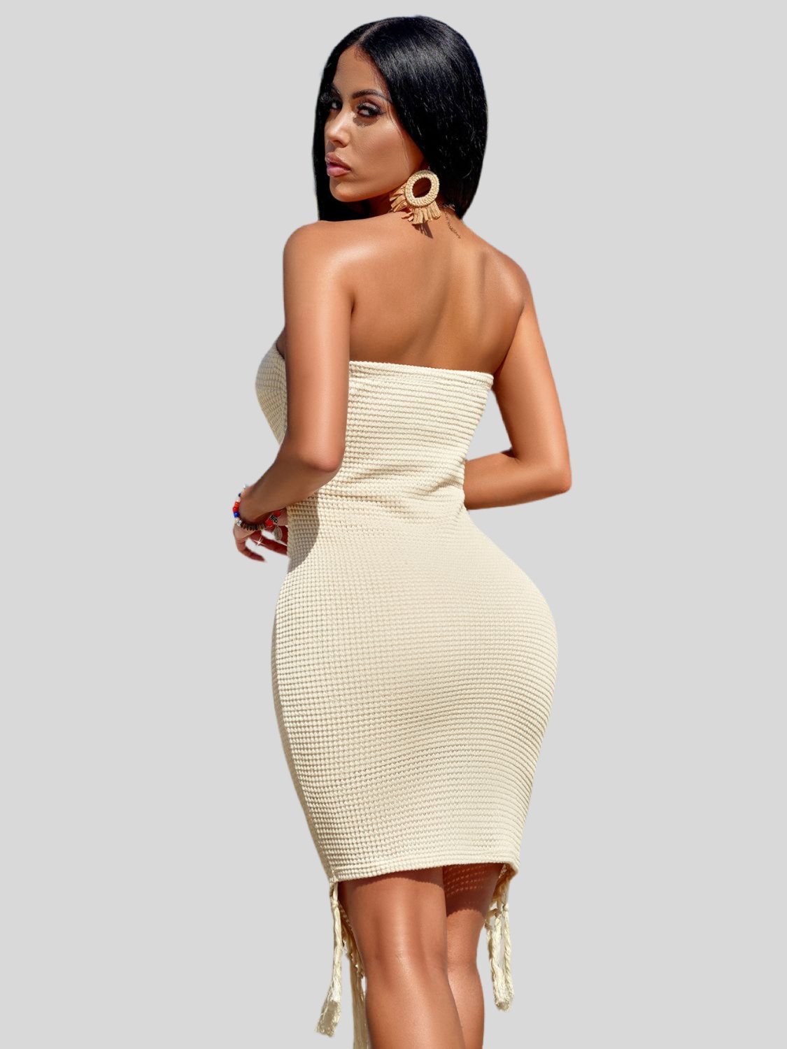 Waffle - Knit Tassel Sleeveless Wrap Dress - NUTRAL ATTIRE