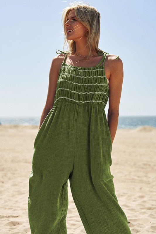 Washed Multi Smocked Detail Tie Straps Jumpsuit - NUTRAL ATTIRE