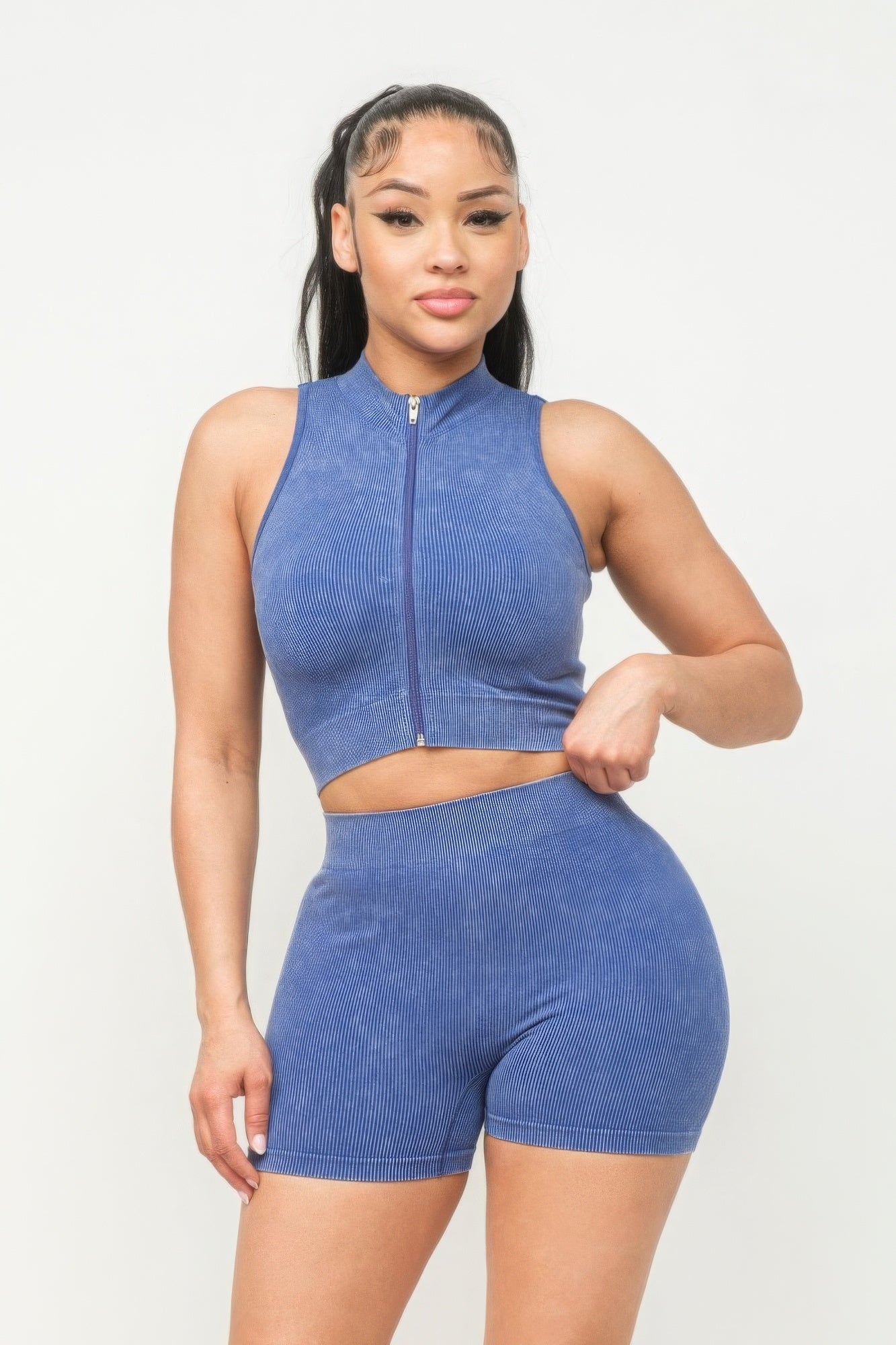 Washed Seamless Zipper Top And Shorts Set - NUTRAL ATTIRE