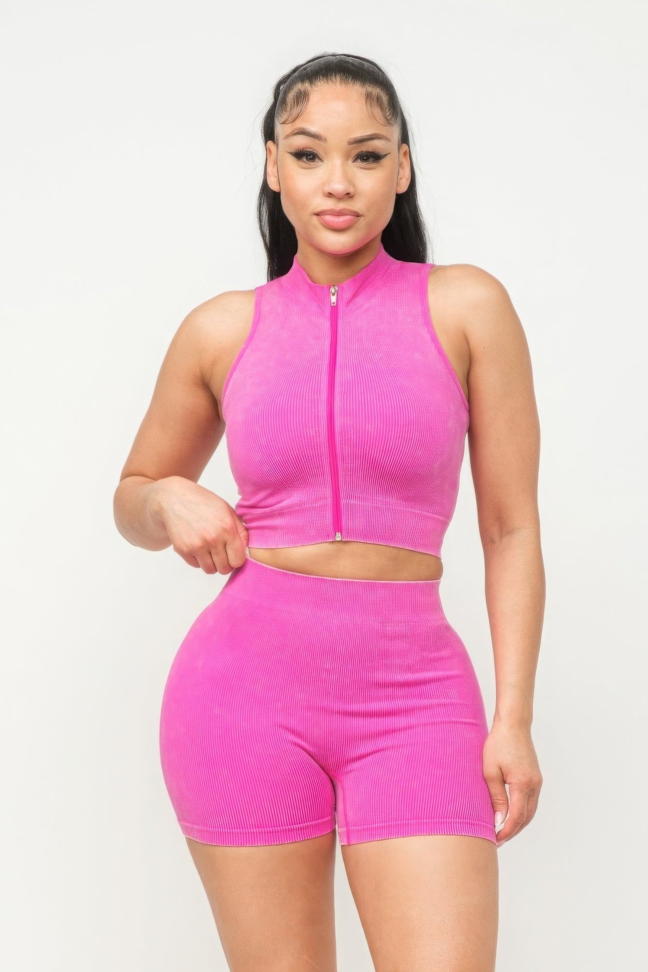 Washed Seamless Zipper Top And Shorts Set - NUTRAL ATTIRE