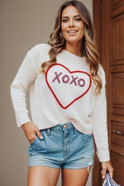 XOXO Heart Round Neck Dropped Shoulder Sweater - NUTRAL ATTIRE