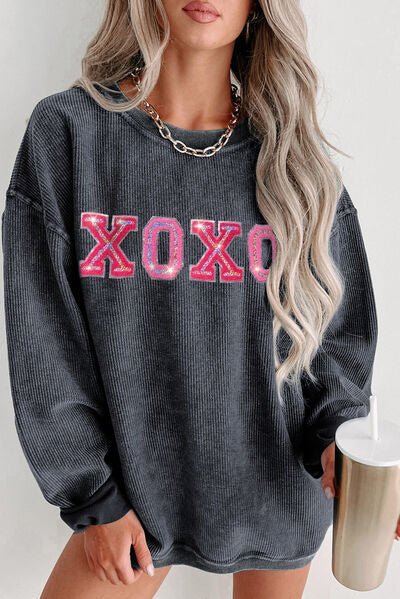 XOXO Round Neck Dropped Shoulder Sweatshirt - NUTRAL ATTIRE