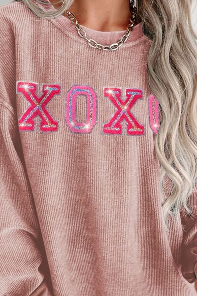 XOXO Round Neck Dropped Shoulder Sweatshirt - NUTRAL ATTIRE