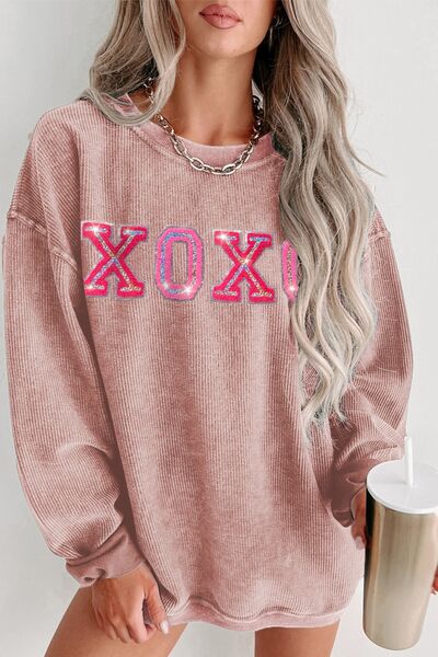 XOXO Round Neck Dropped Shoulder Sweatshirt - NUTRAL ATTIRE