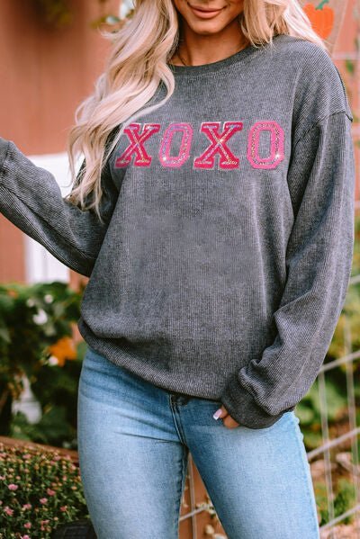 XOXO Round Neck Dropped Shoulder Sweatshirt - NUTRAL ATTIRE