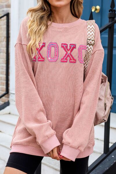 XOXO Round Neck Dropped Shoulder Sweatshirt - NUTRAL ATTIRE
